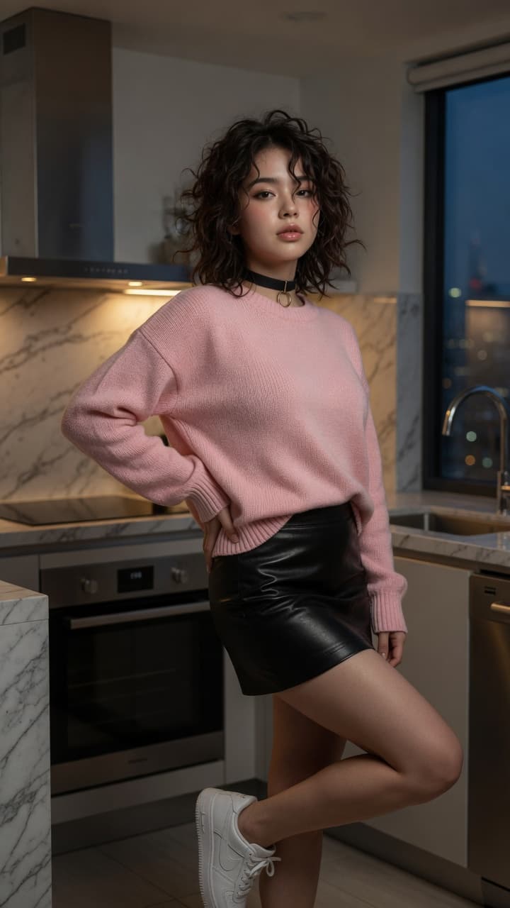 Asian in pink sweater kitchen pose