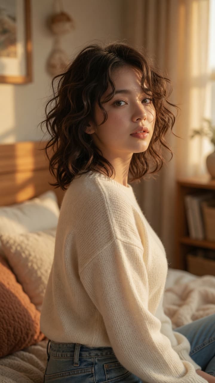 Slim Asian curves over shoulder