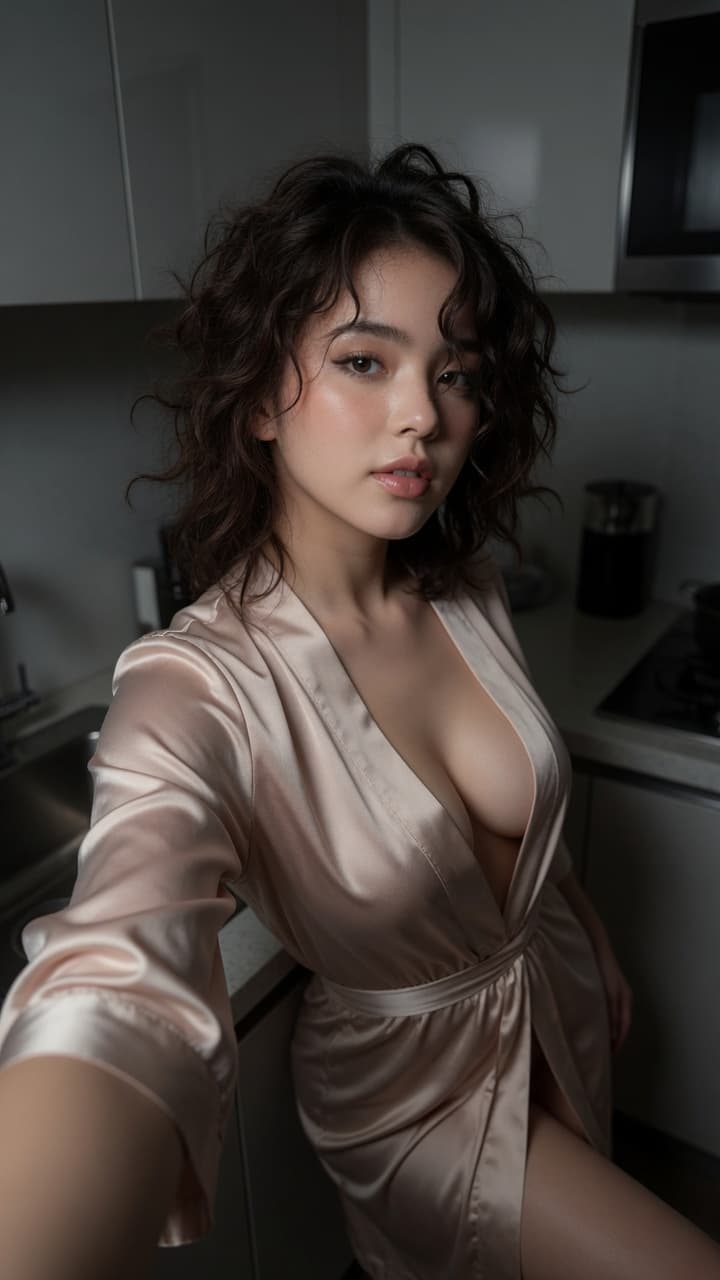 Brunette Asian robe selfie in kitchen