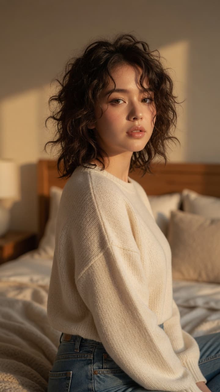 College girl bedroom over-shoulder glance