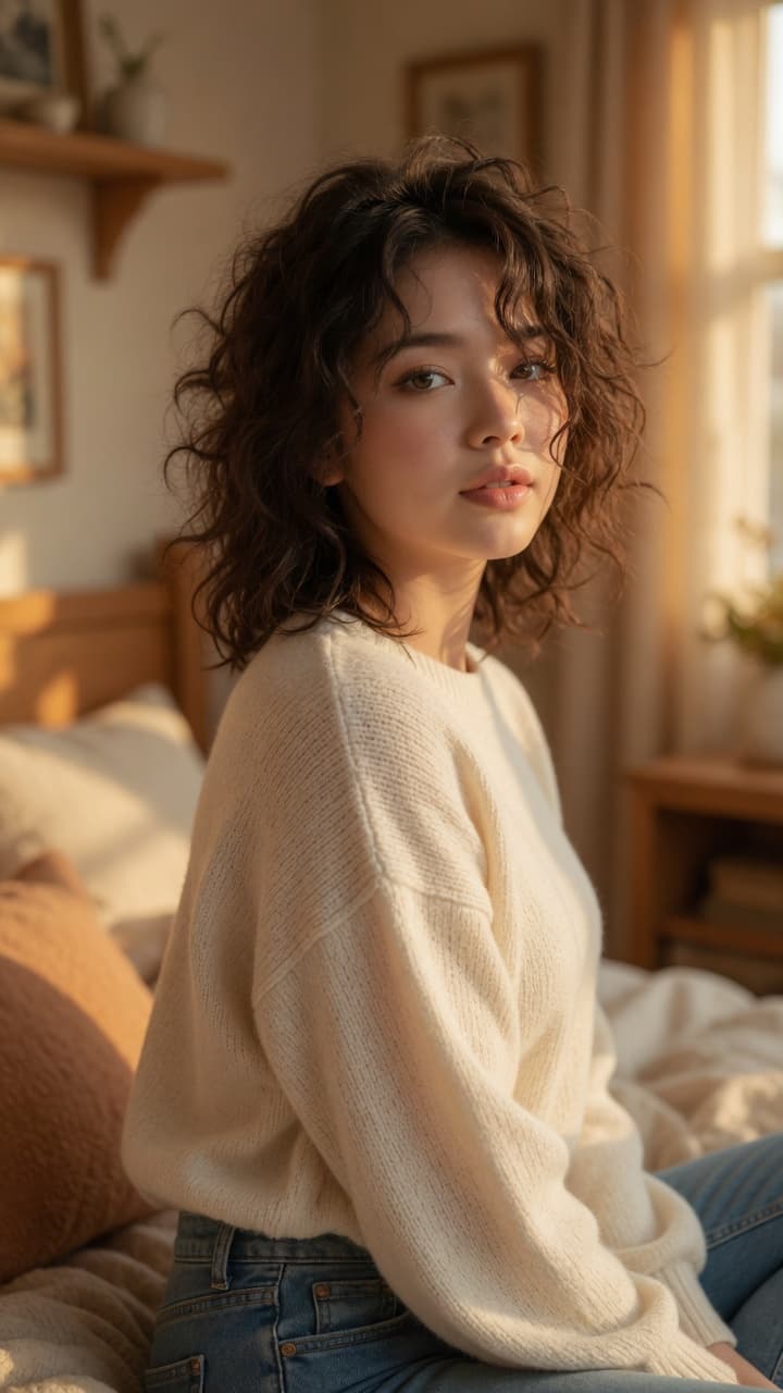Slim Asian curves in bedroom light