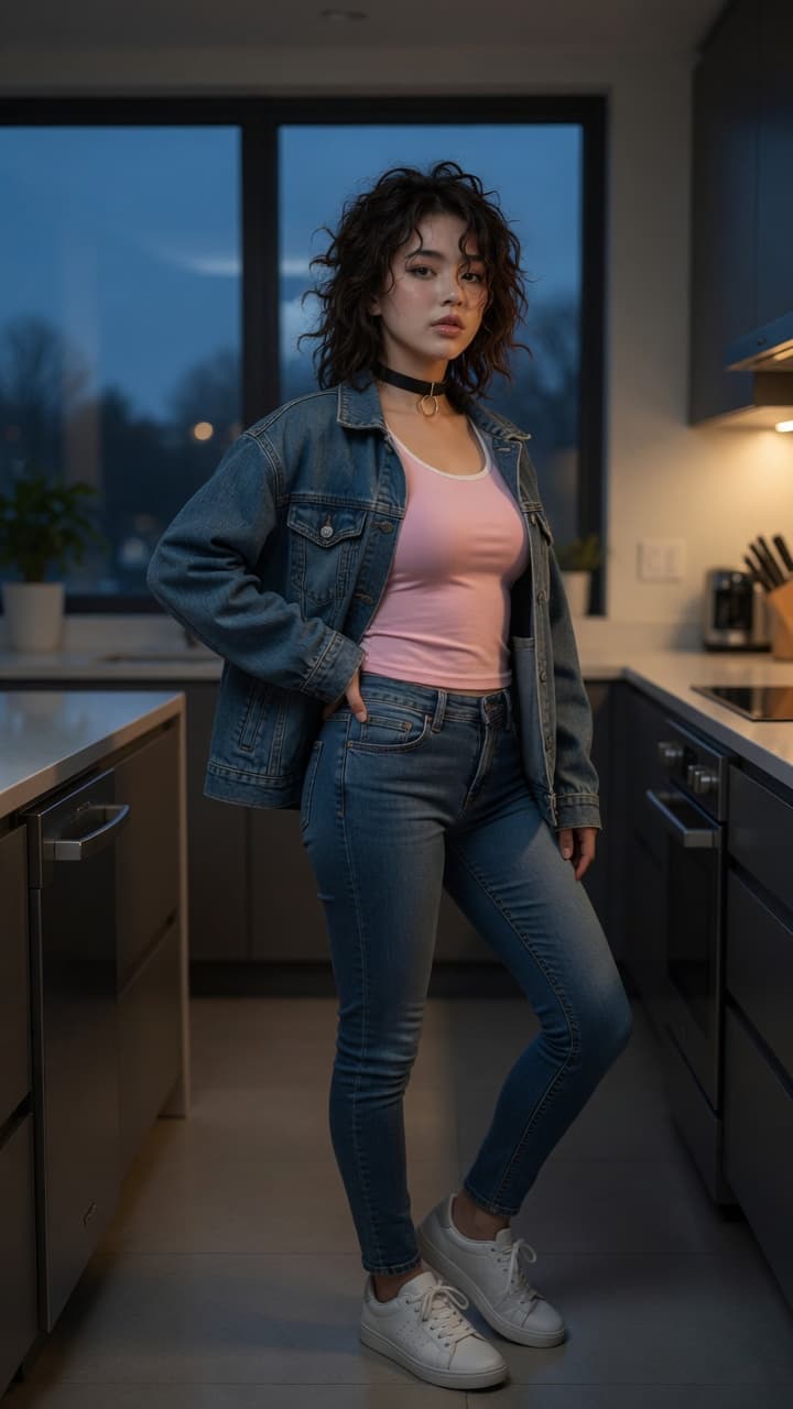 Denim jacket kitchen hip pose