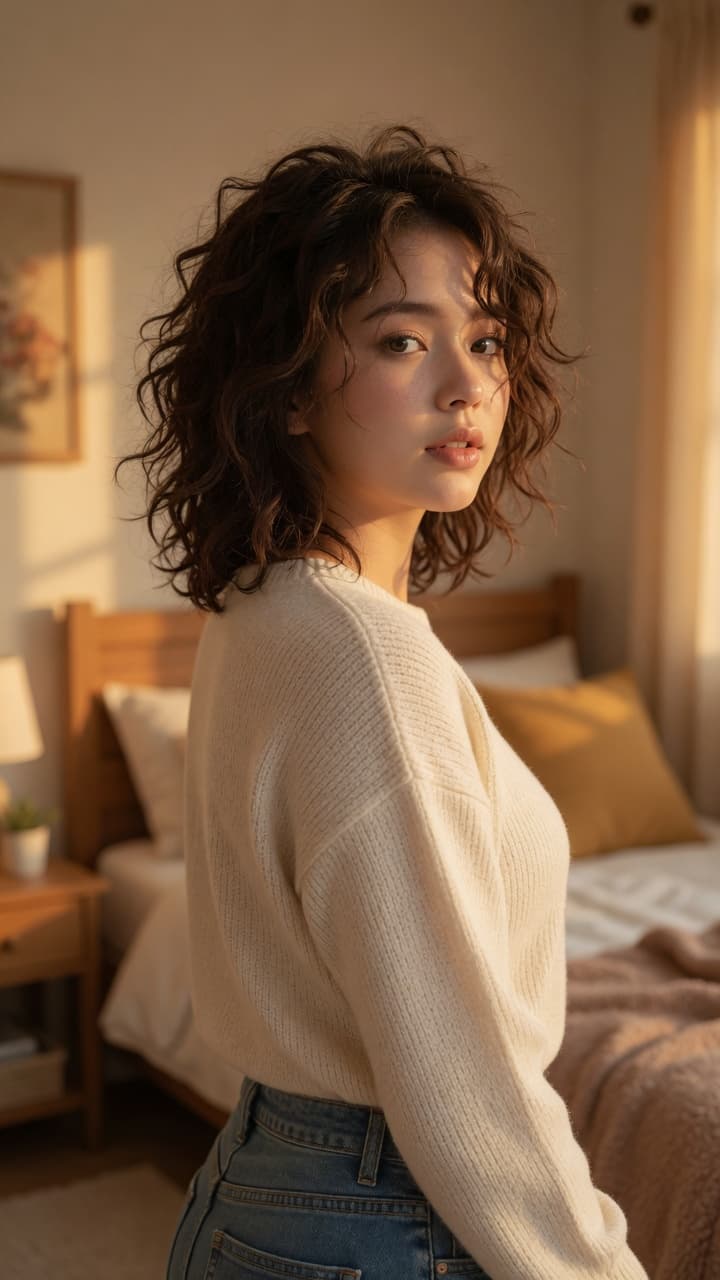 Slim Asian curves in bedroom jeans
