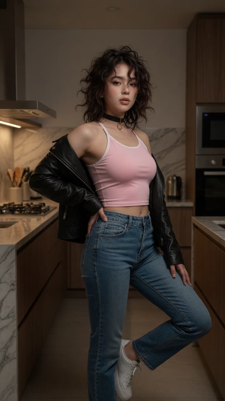 Brunette wavy hair kitchen pose