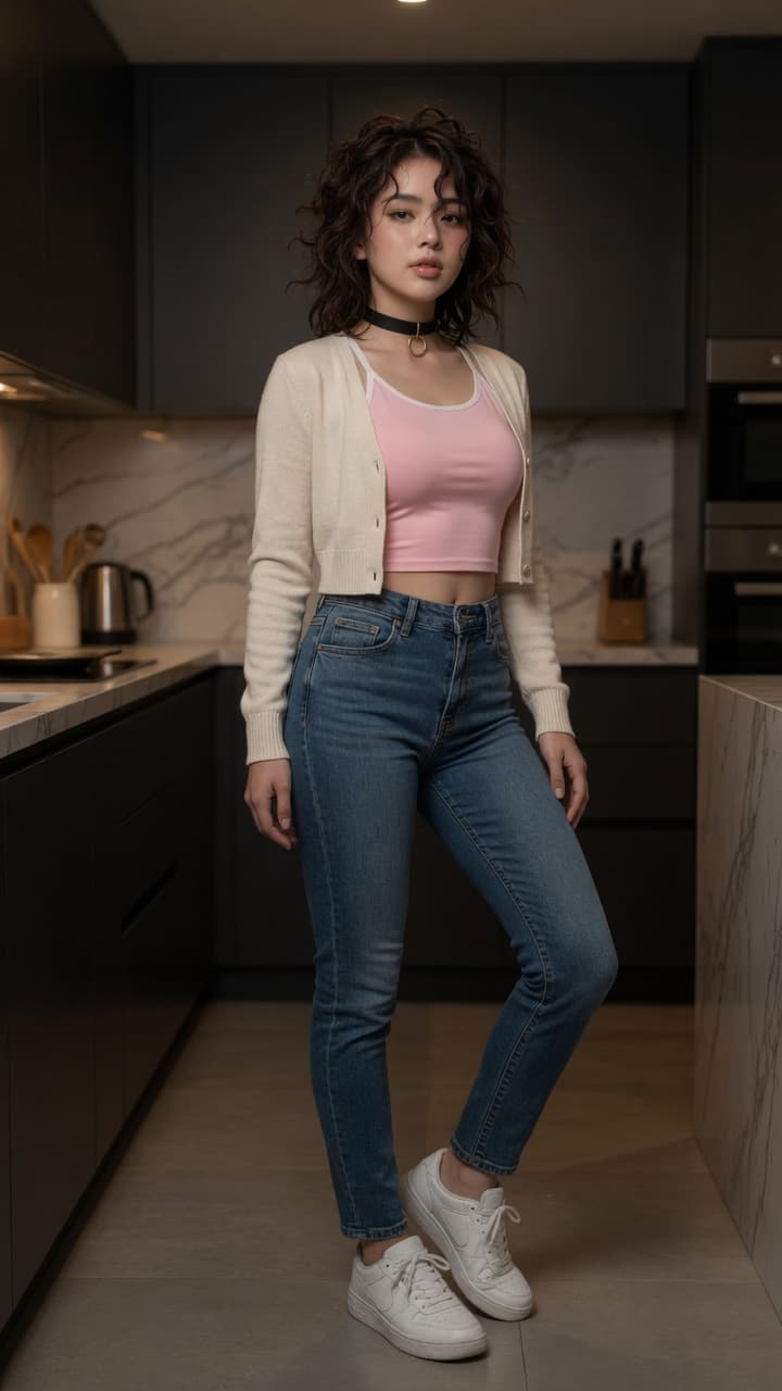 Wavy brunette kitchen confidence