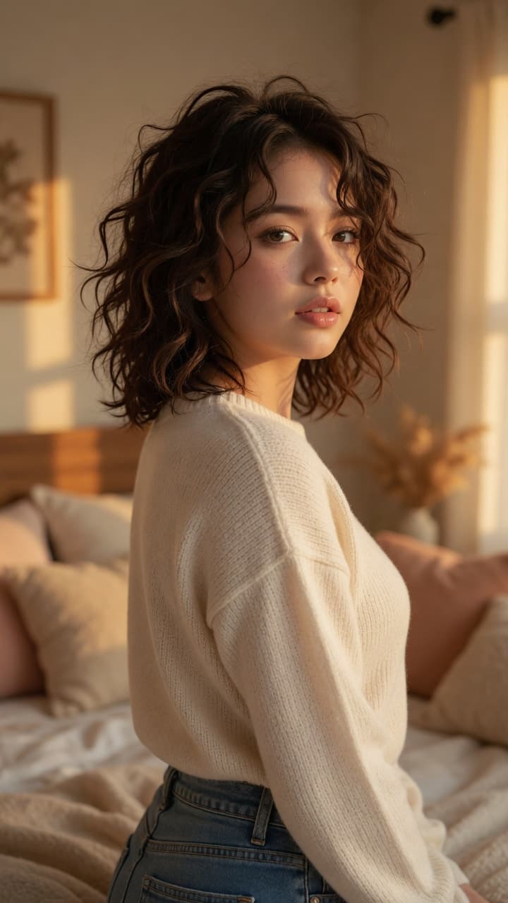 Over-the-shoulder glance on bed