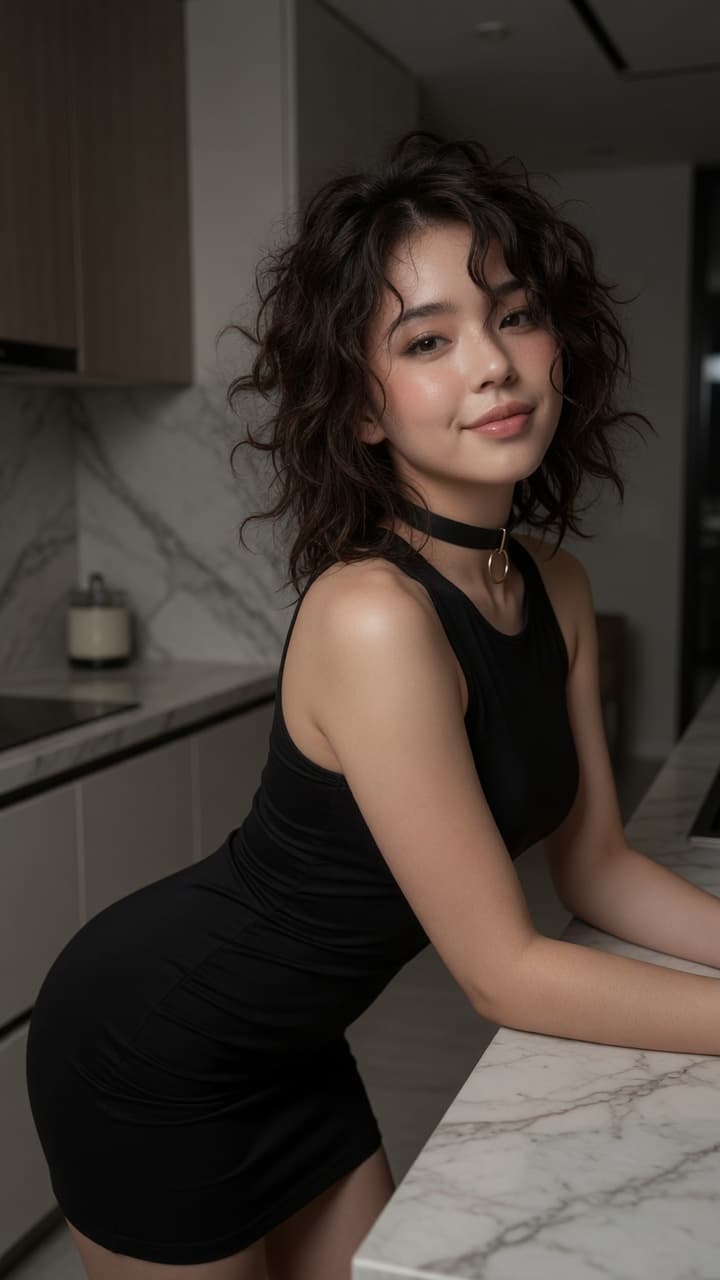 Tight black dress kitchen lean