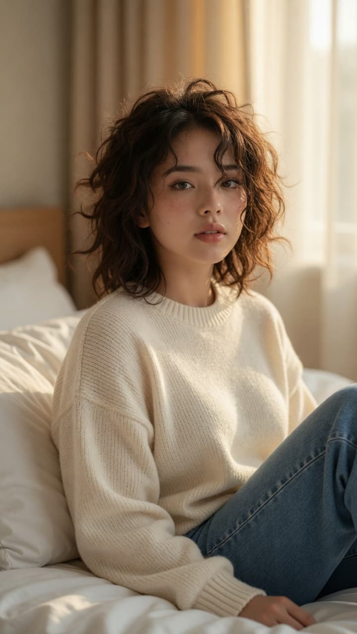 Cream sweater morning light bed