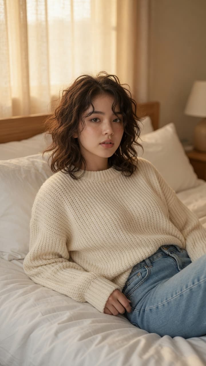 Slim Asian lounging on bedroom sheets