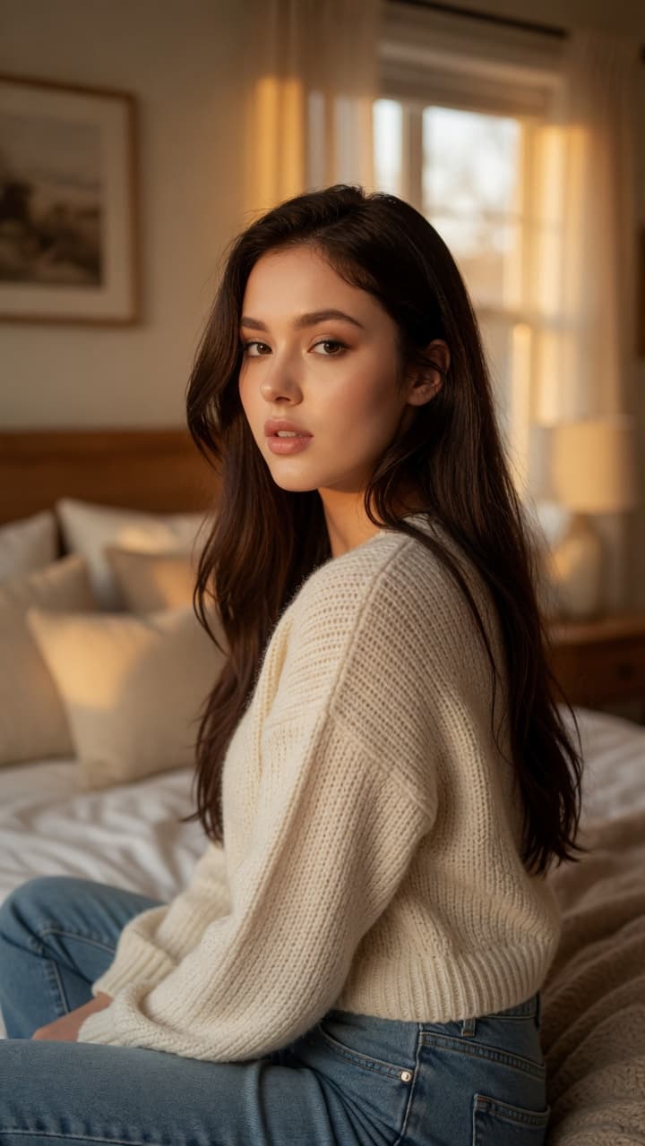 Long wavy brunette over-shoulder glance