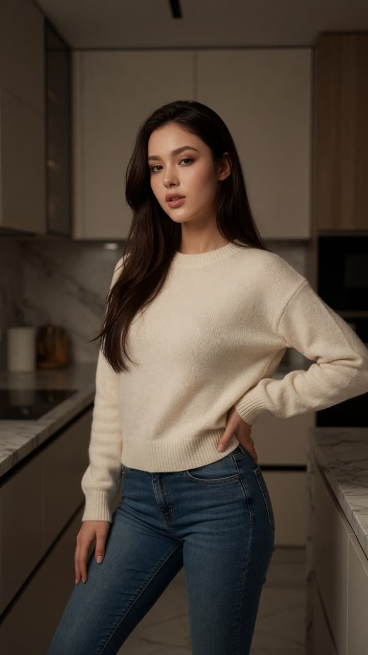 Brunette in cream sweater kitchen
