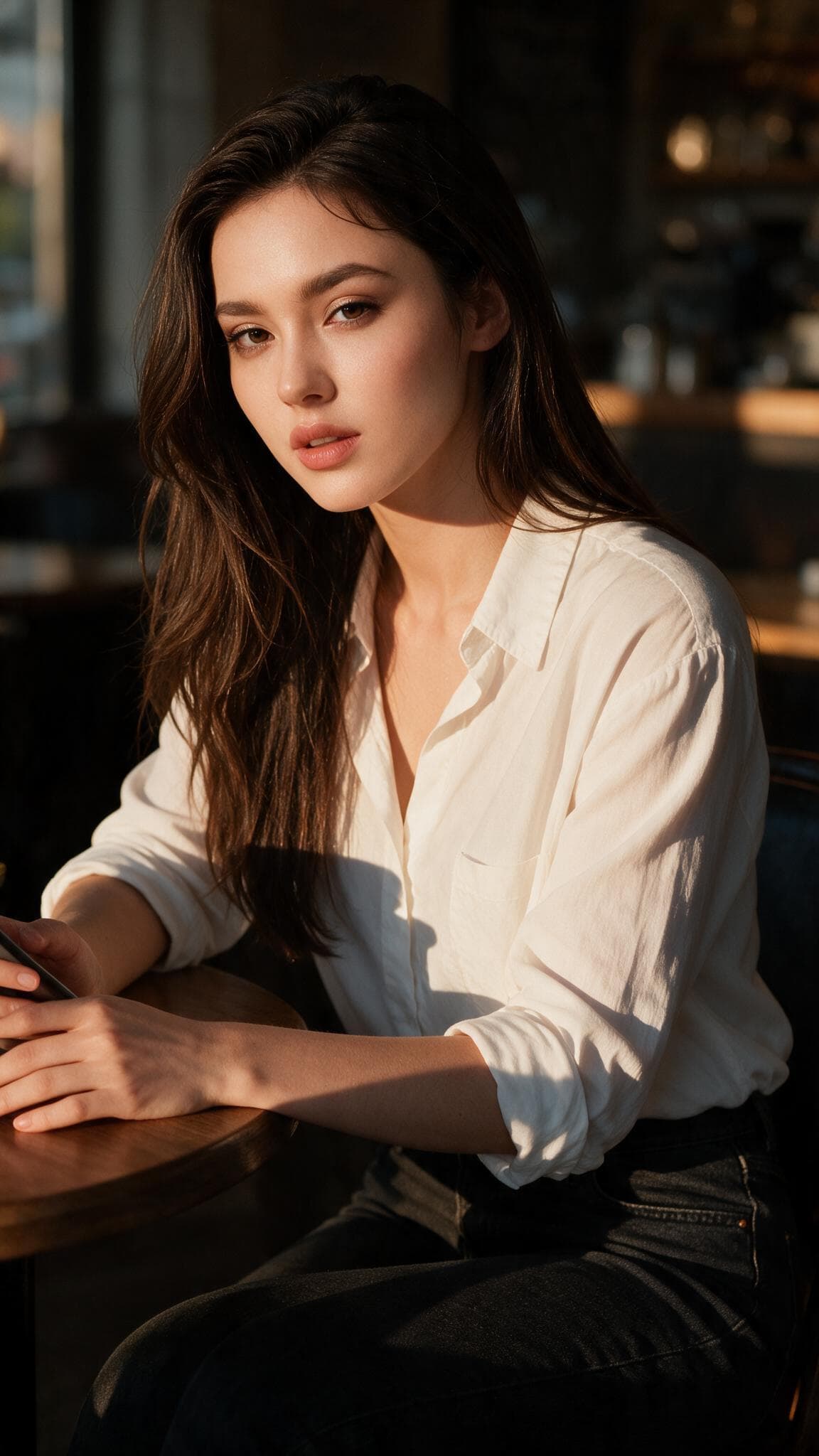 Cafe cleavage in golden hour light