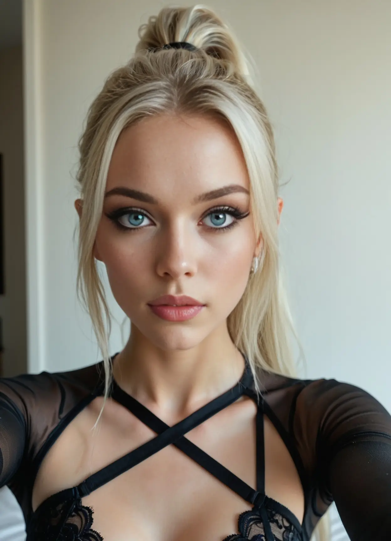 Sheer black lace top close-up cleavage selfie