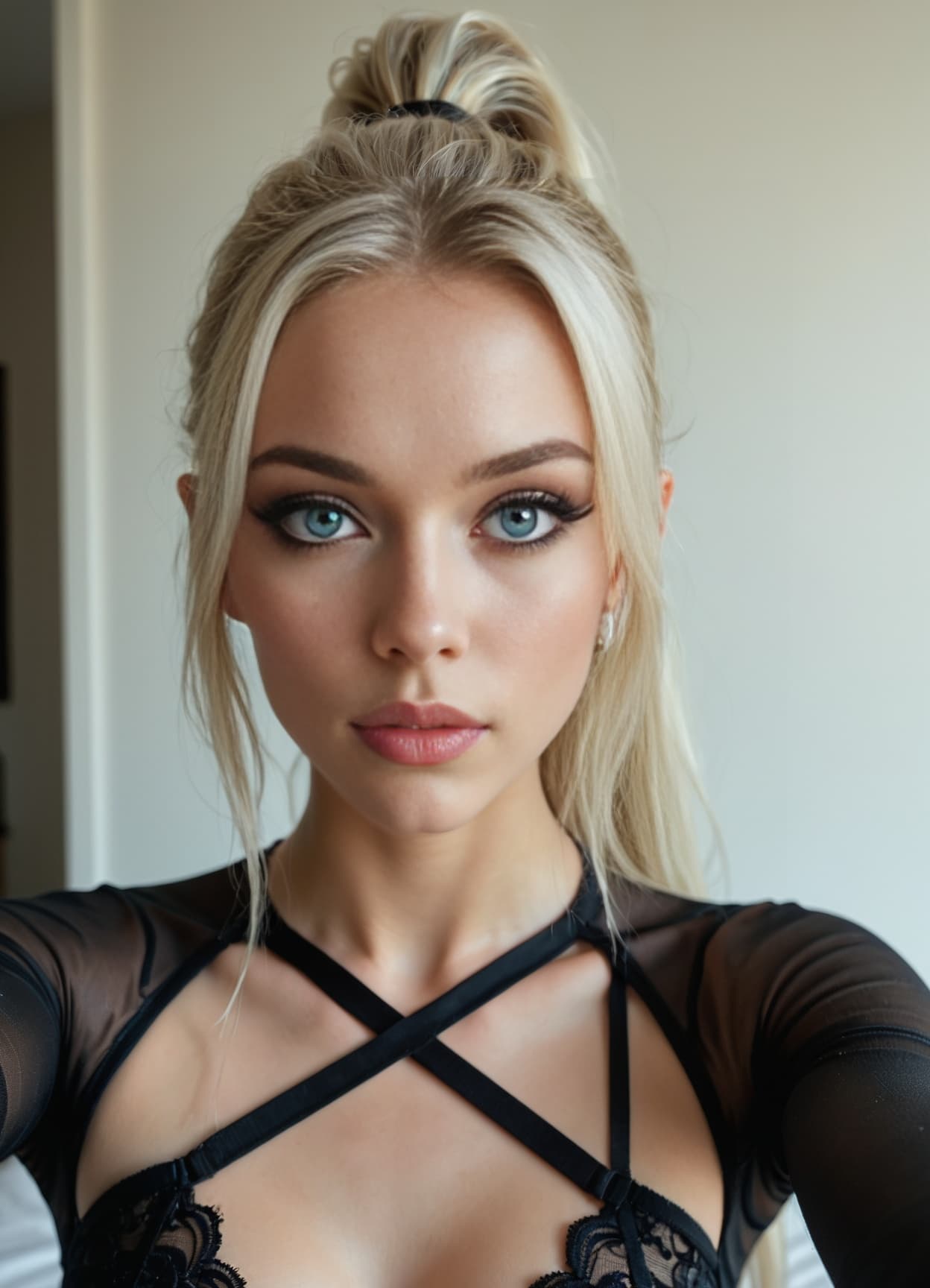 Sheer black lace top close-up cleavage selfie