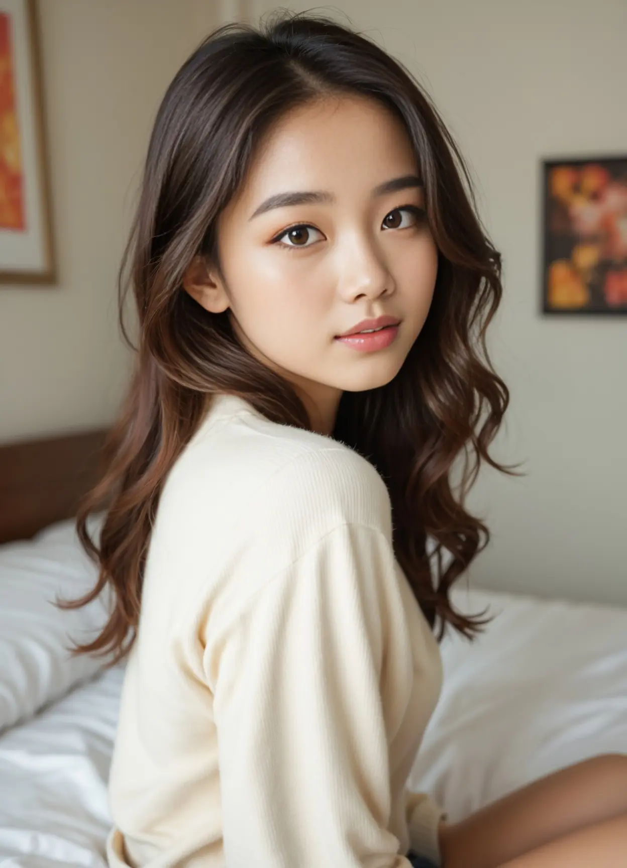 Athletic brunette sweater bedroom glance