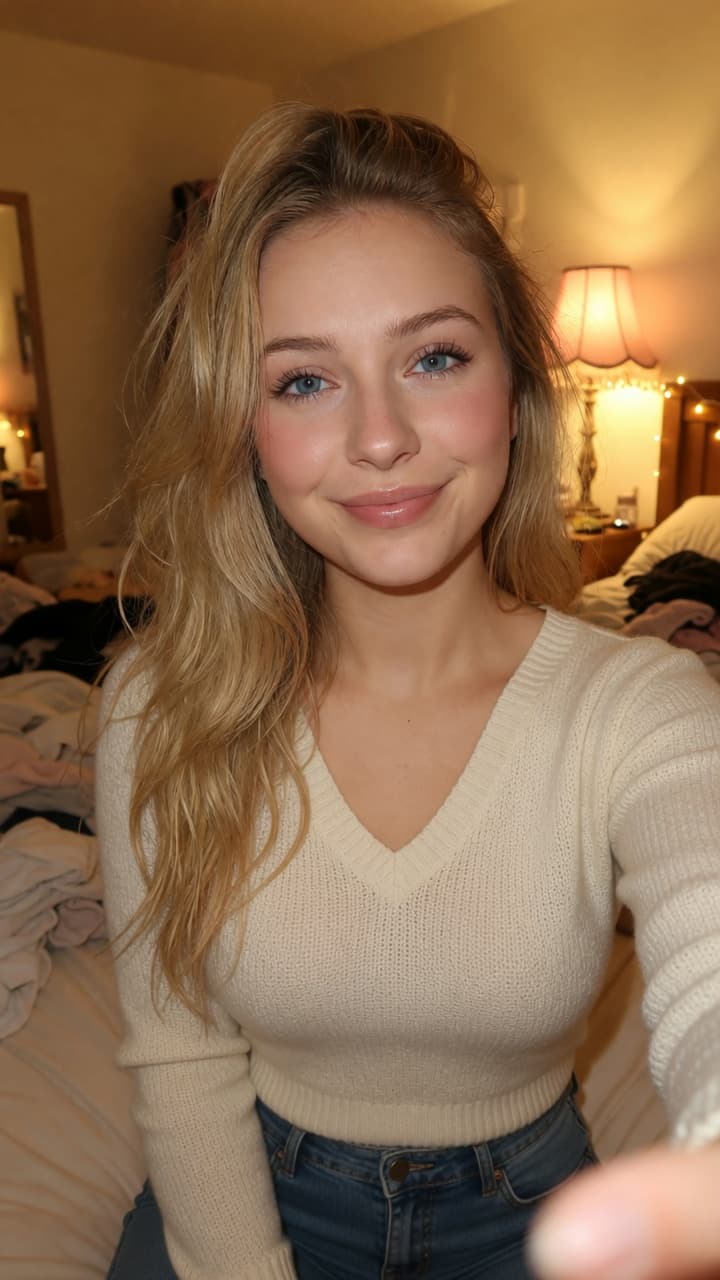 Madison shirt off flirty bedroom photo