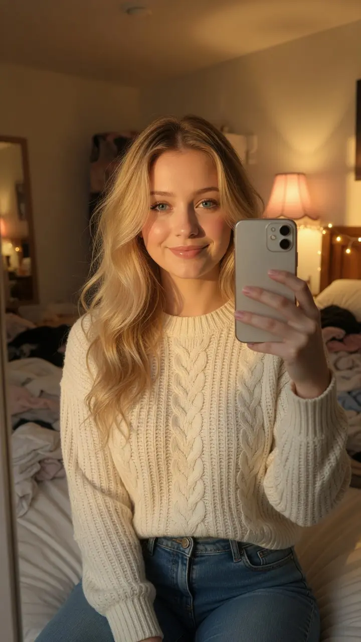 Mirror selfie in cozy bedroom