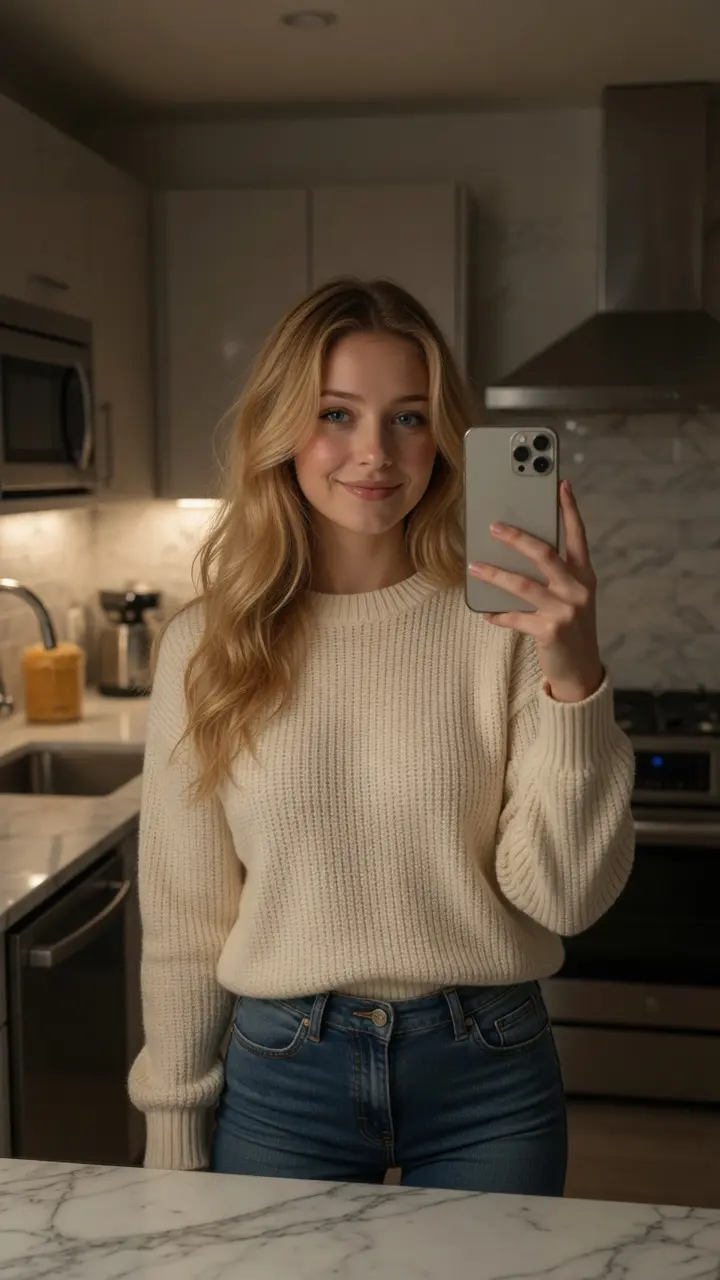 College blonde kitchen selfie