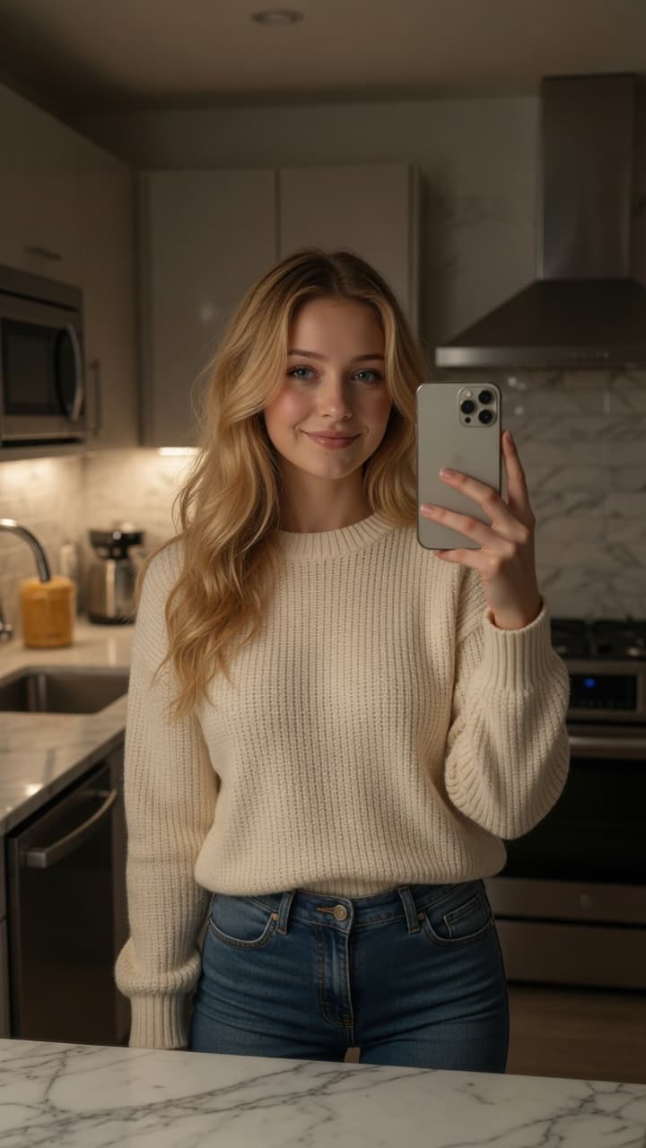 College blonde kitchen selfie
