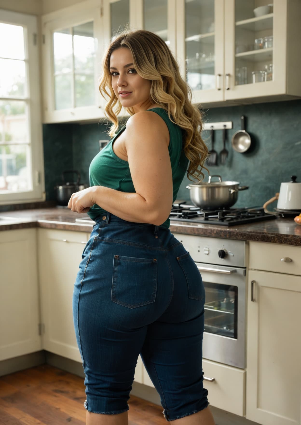 Curvy blonde ass in shorts