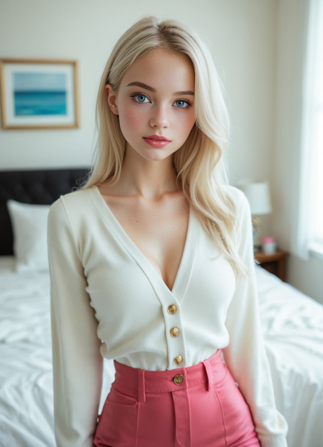 Blonde cleavage cardigan bedroom shot