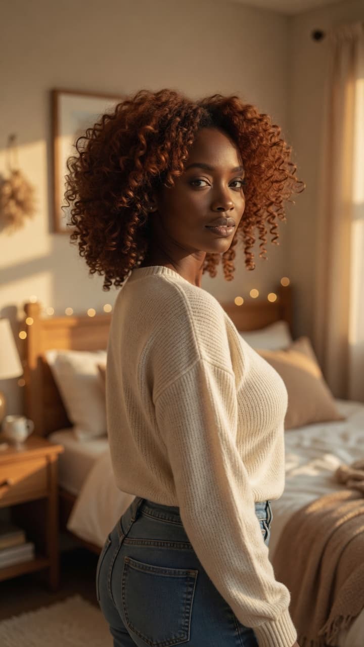 Auburn curls bedroom glance back