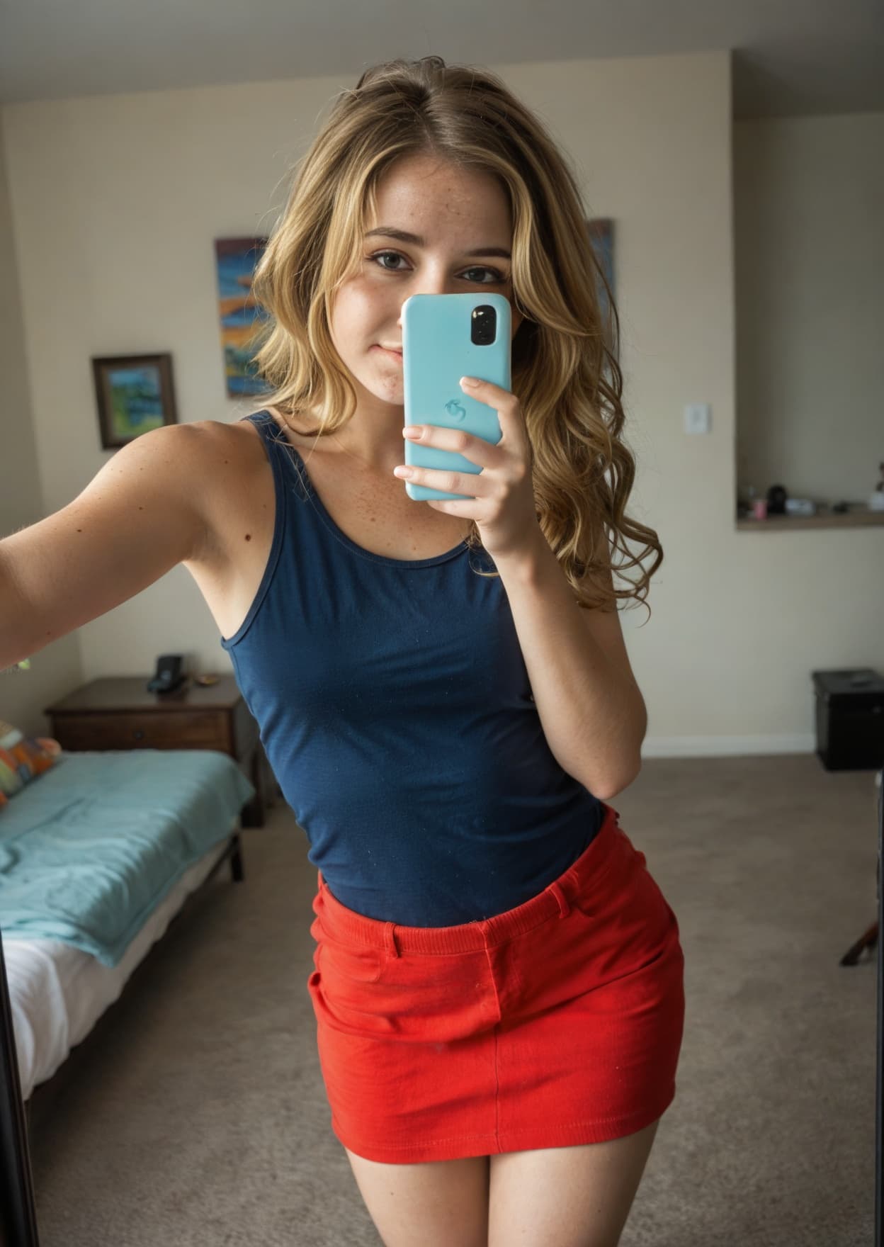 Bedroom mirror selfie in skirt