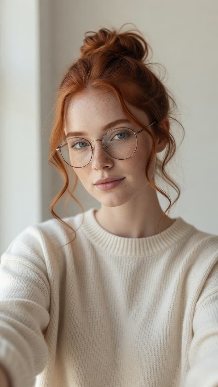 Redhead glasses selfie in sweater