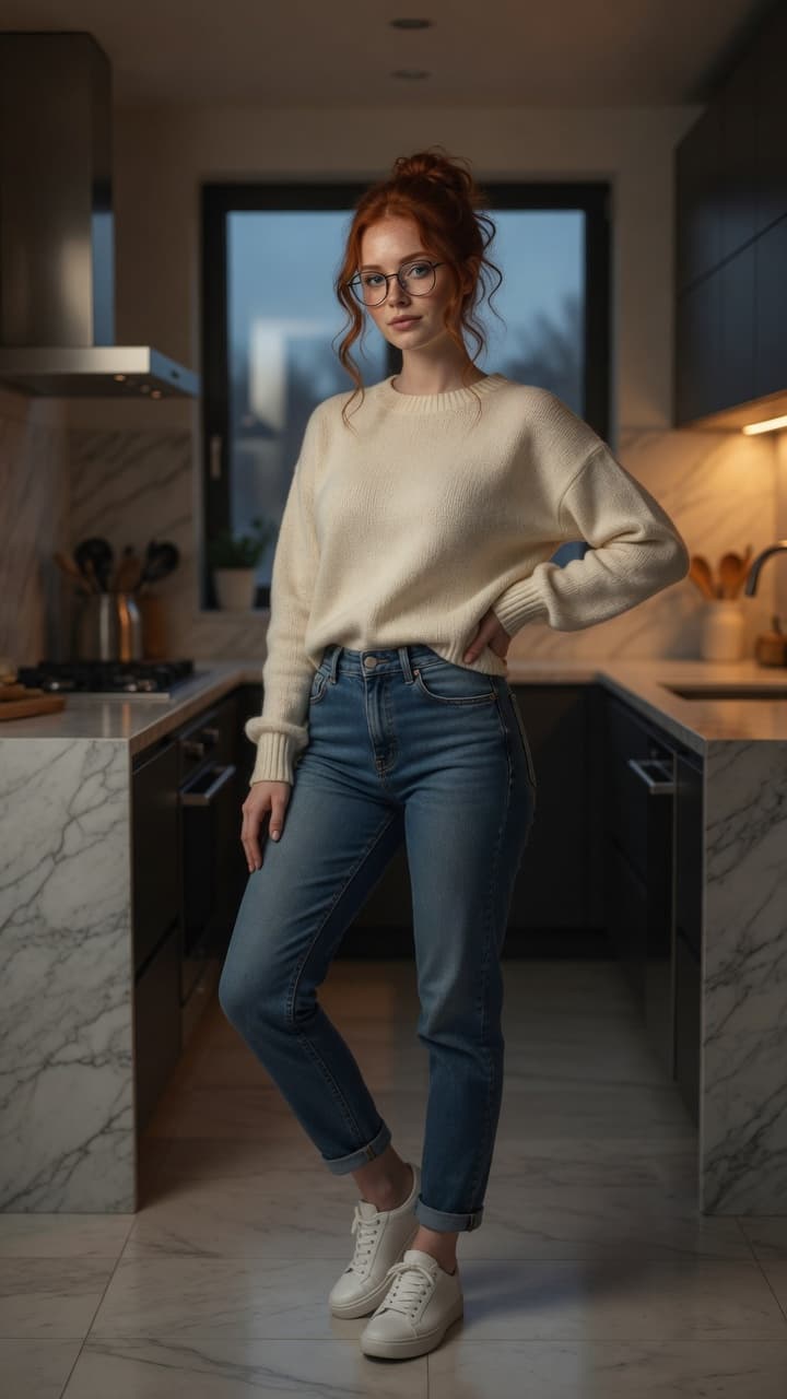 Redhead glasses kitchen portrait