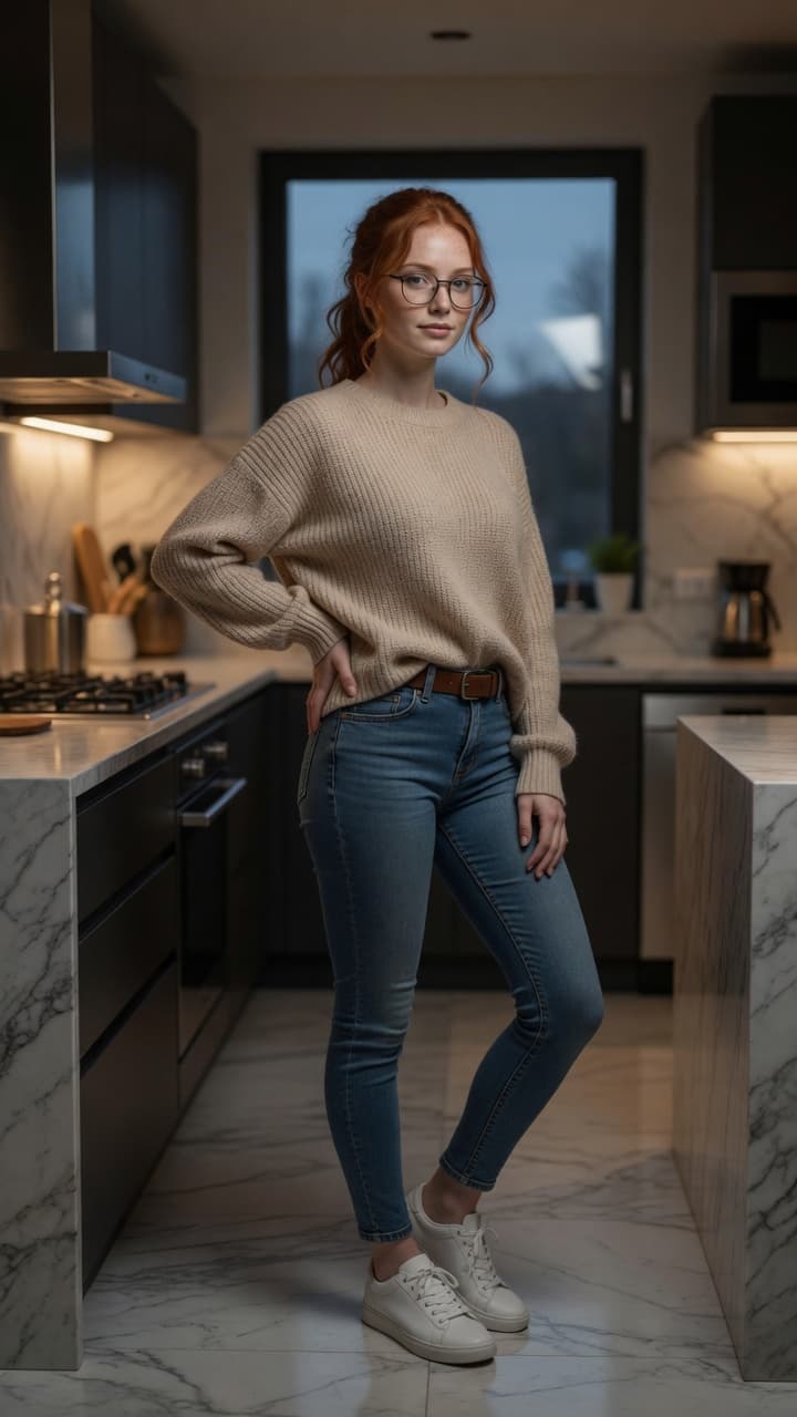Lennon confident kitchen pose at dusk