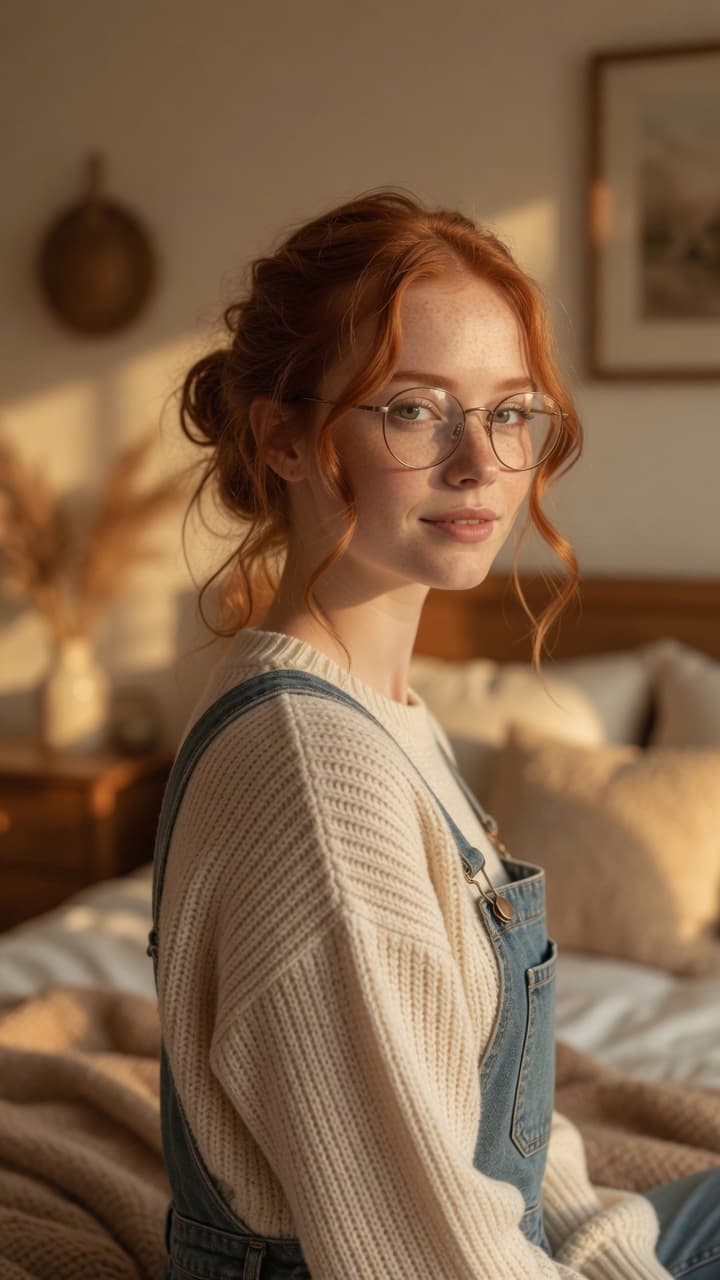 Young adult redhead over-the-shoulder bedroom glance