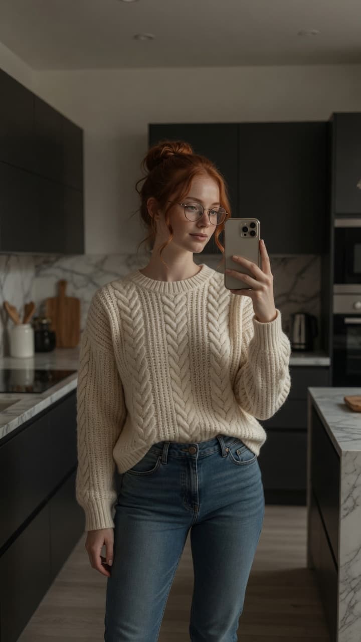 Redhead mirror selfie in cream sweater