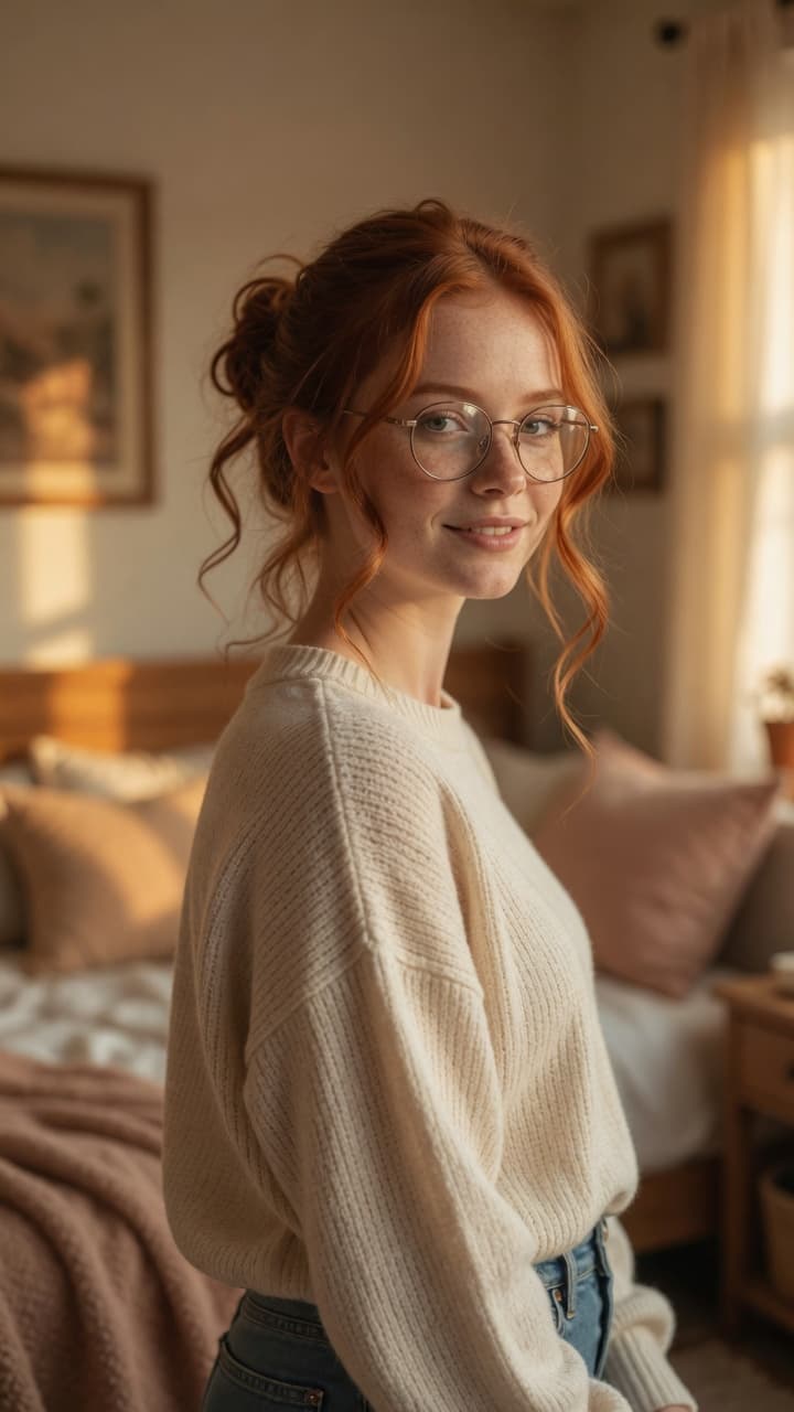 Redhead glasses bedroom over-shoulder