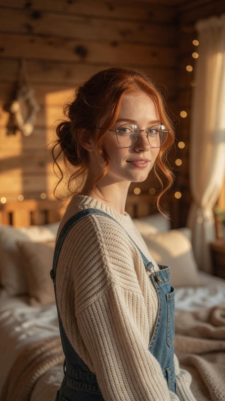 Redhead over-the-shoulder glance in overalls