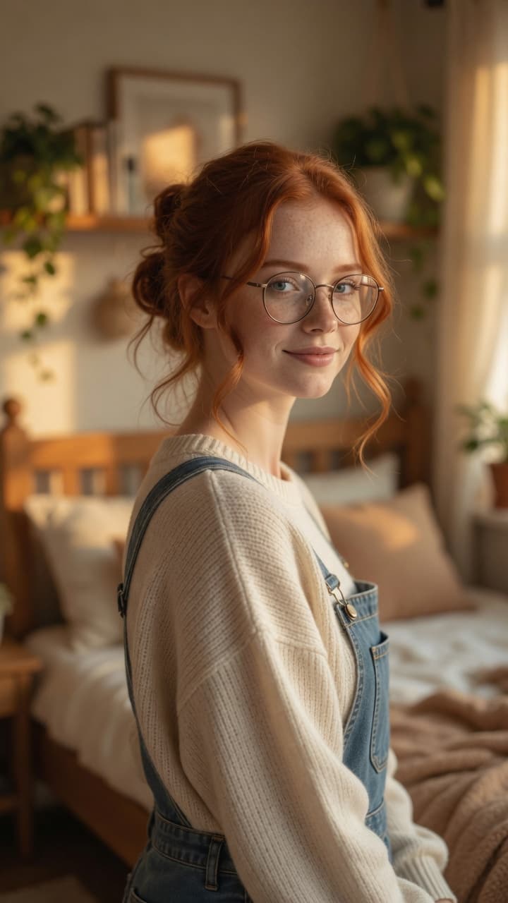 Young redhead bedroom over-shoulder glance