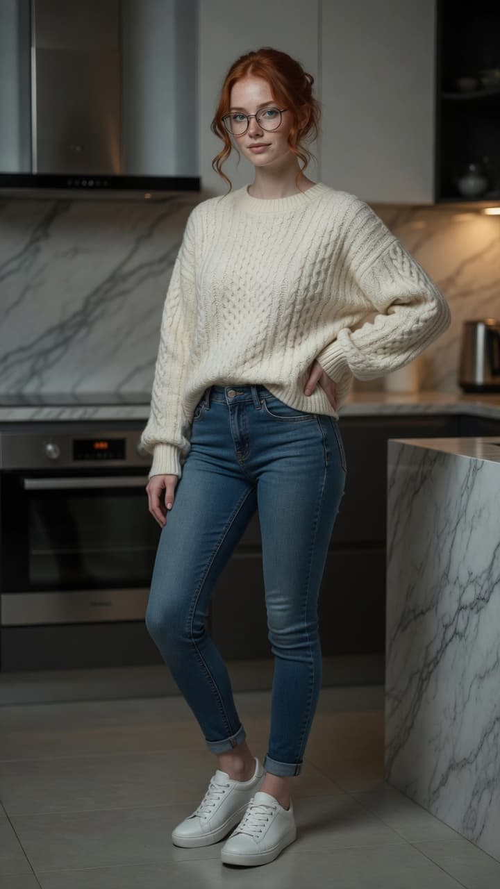 Redhead in kitchen casual outfit