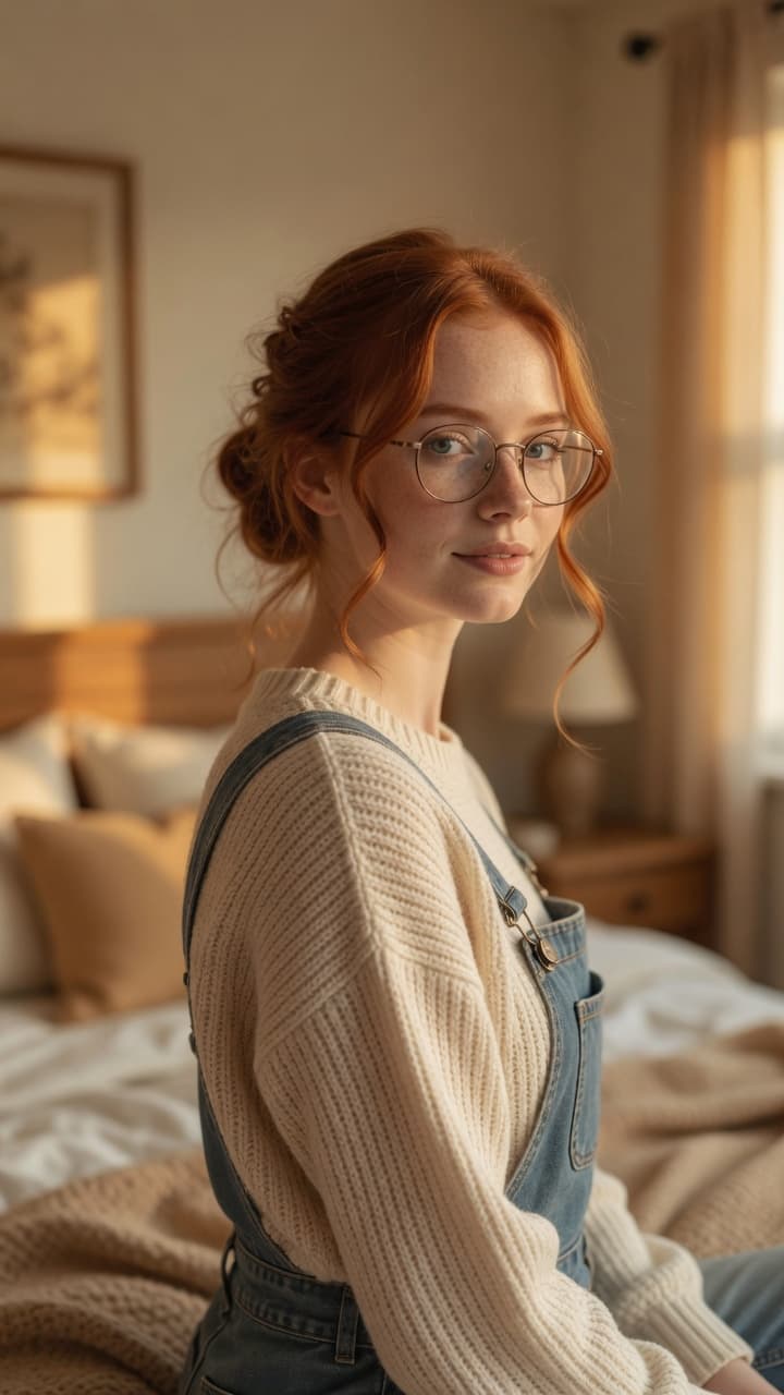 Redhead glasses over-the-shoulder bedroom glance