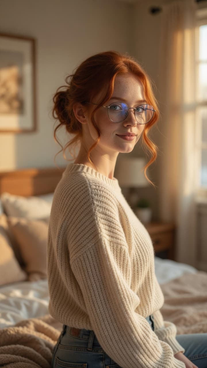 Over-shoulder glance in cozy bedroom