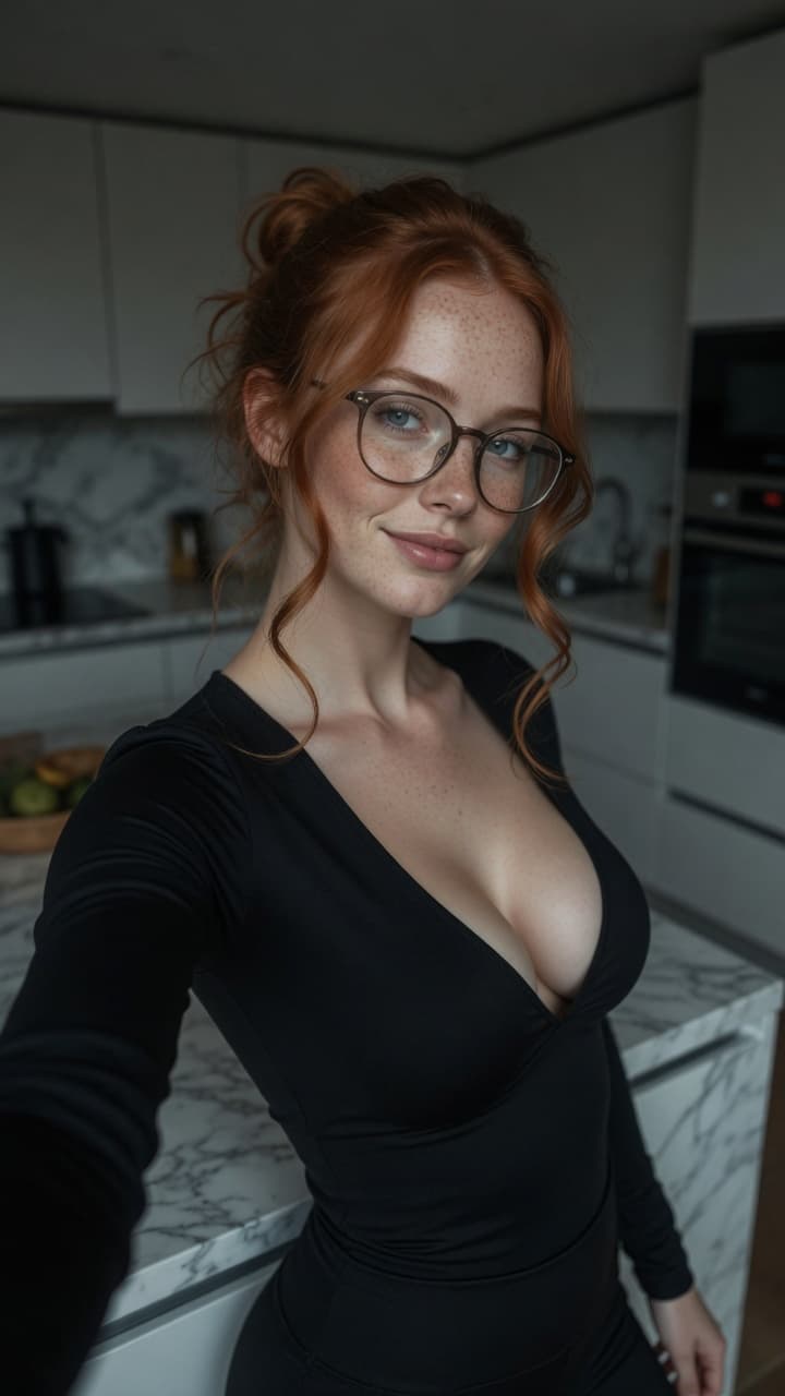 Slim redhead cleavage in kitchen