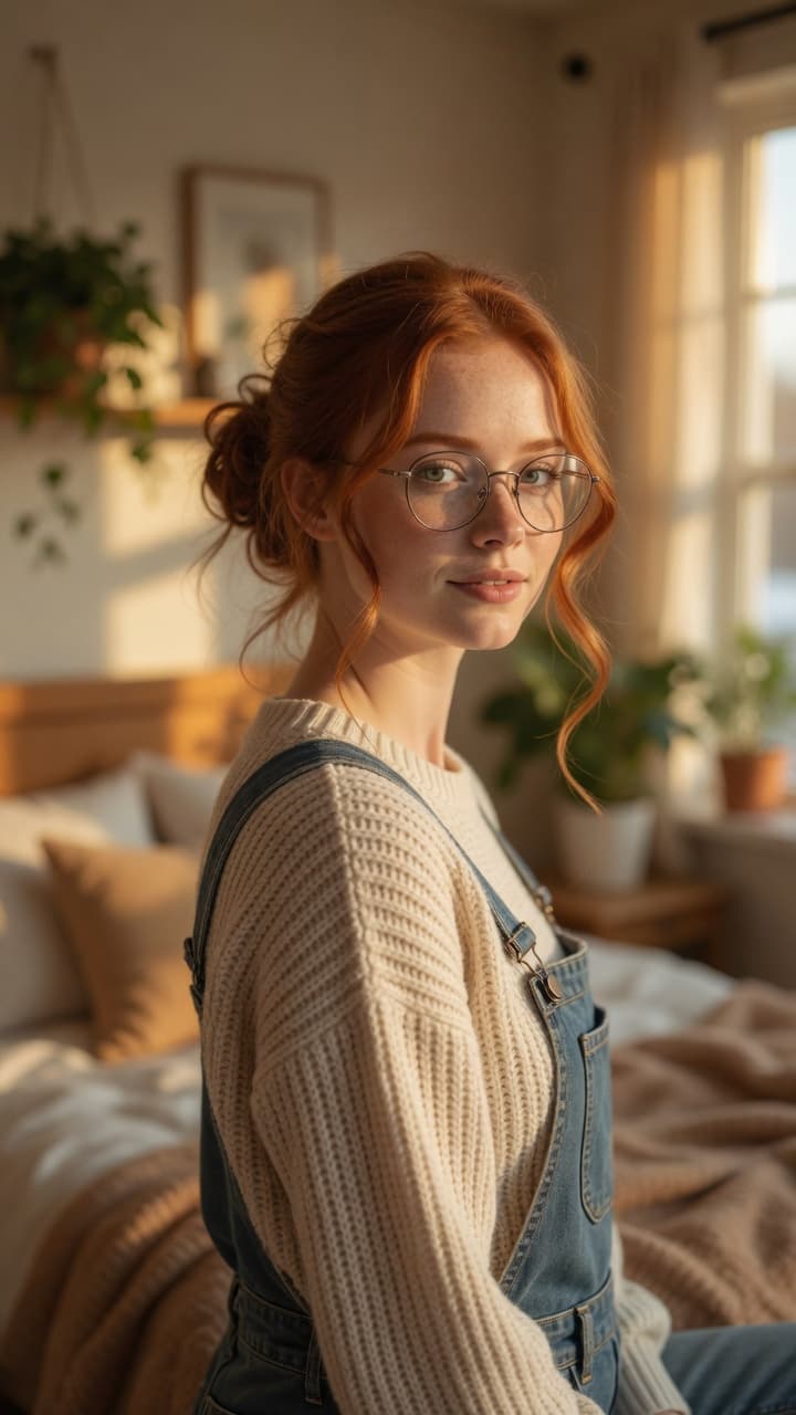 Redhead over shoulder bedroom glance
