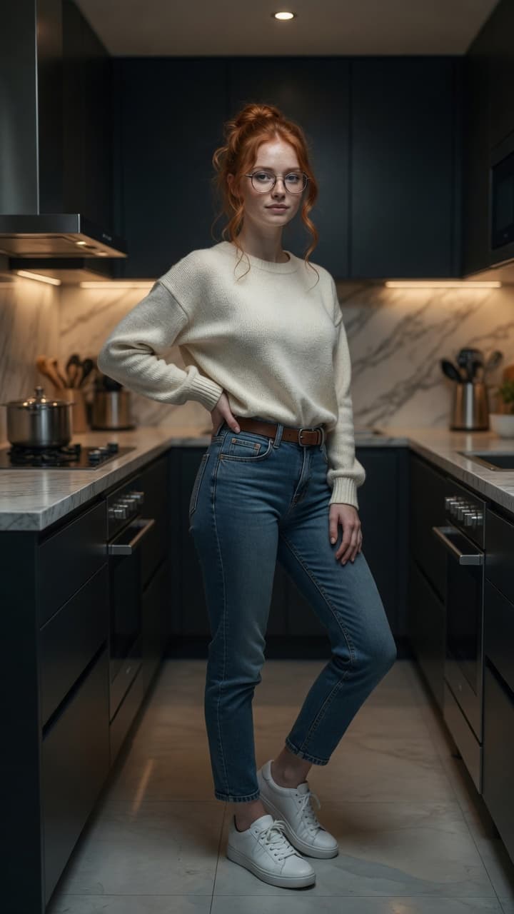 Young adult redhead kitchen pose