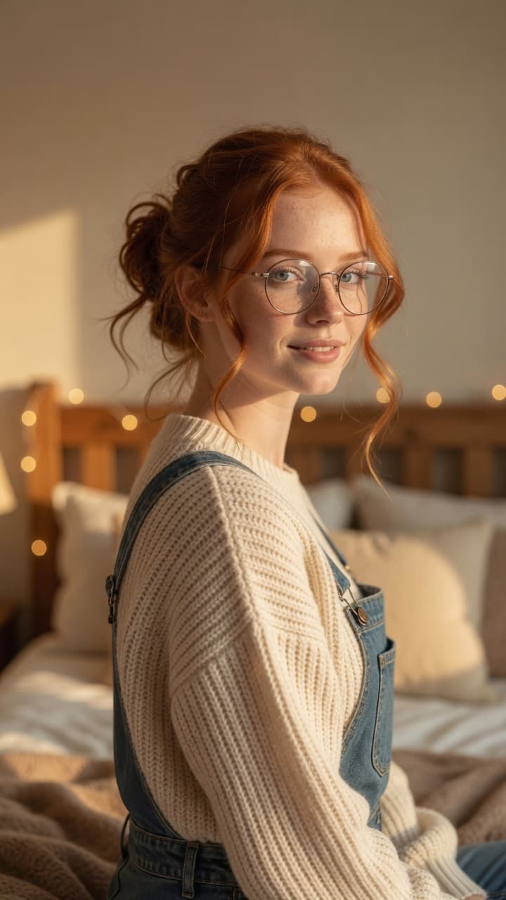 Redhead bedroom over-the-shoulder glance
