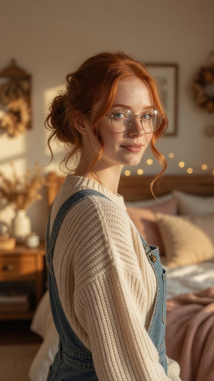 Redhead over-the-shoulder bedroom glance