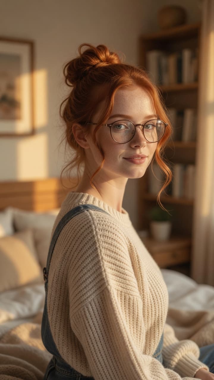 Slim redhead in overalls over shoulder