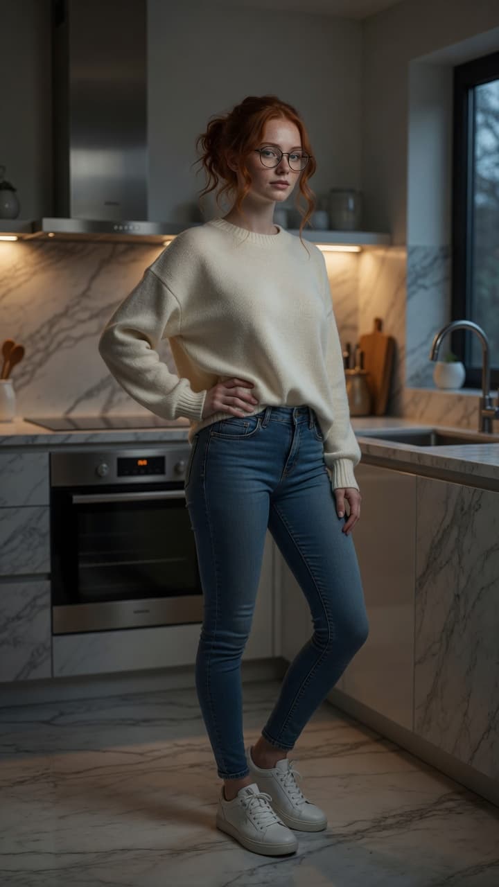 Redhead kitchen casual sweater pose