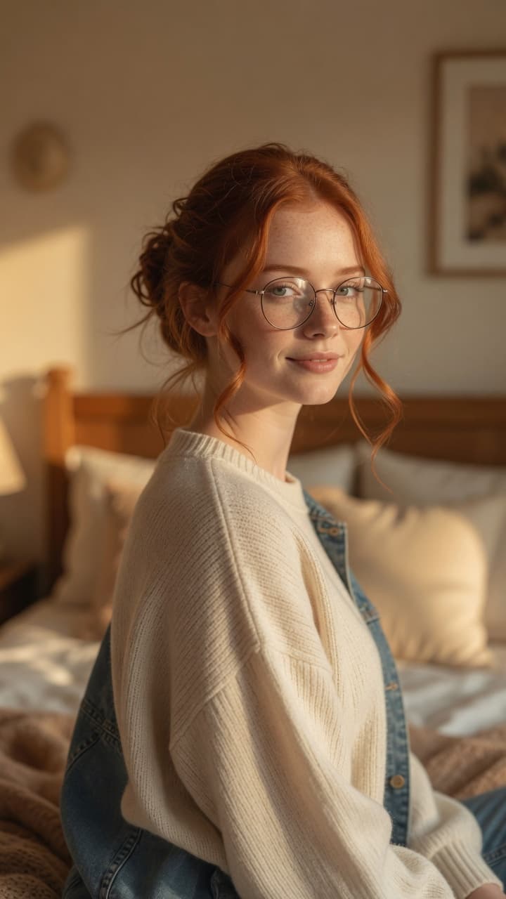 Slim redhead curves in bedroom