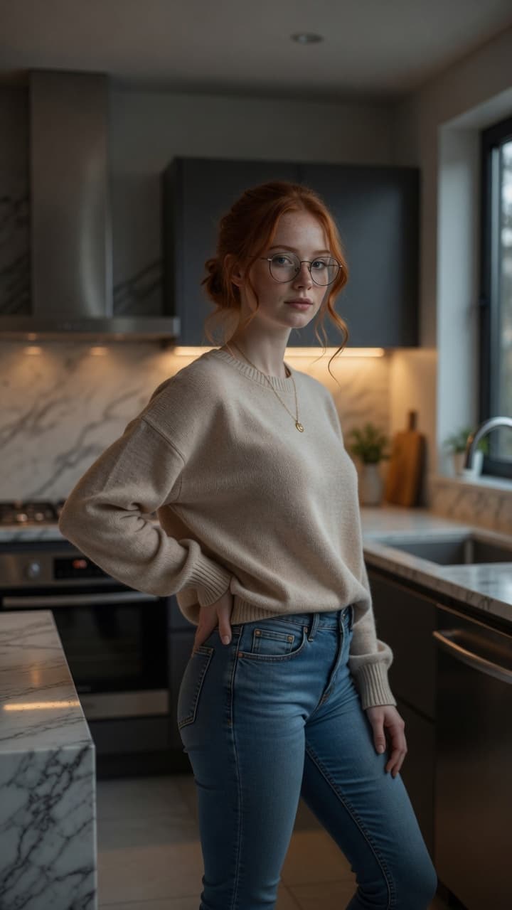 Redhead kitchen hip-cocked pose