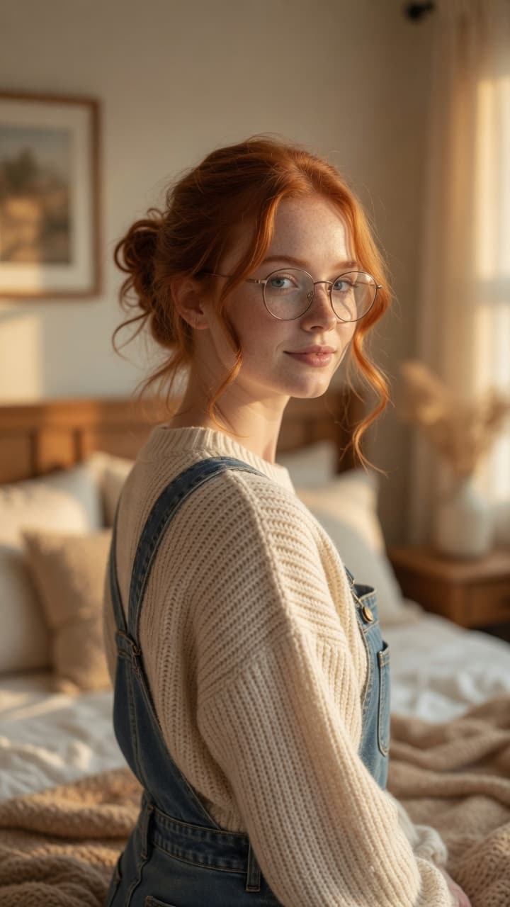 Young adult redhead casual bedroom look