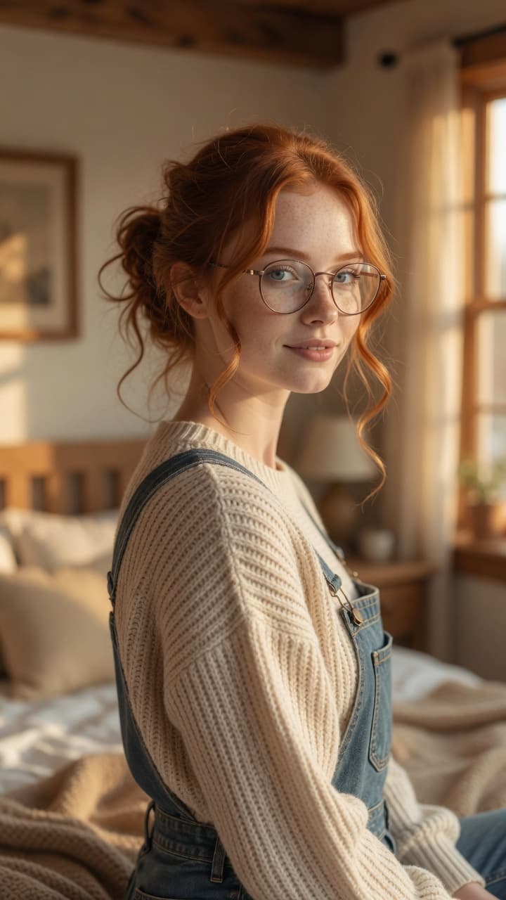 Redhead over-shoulder glance in overalls