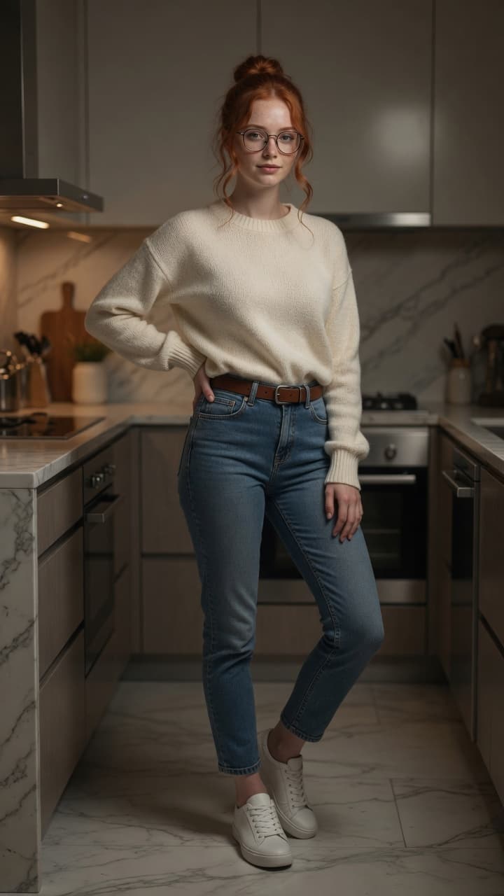 Redhead in kitchen wearing jeans